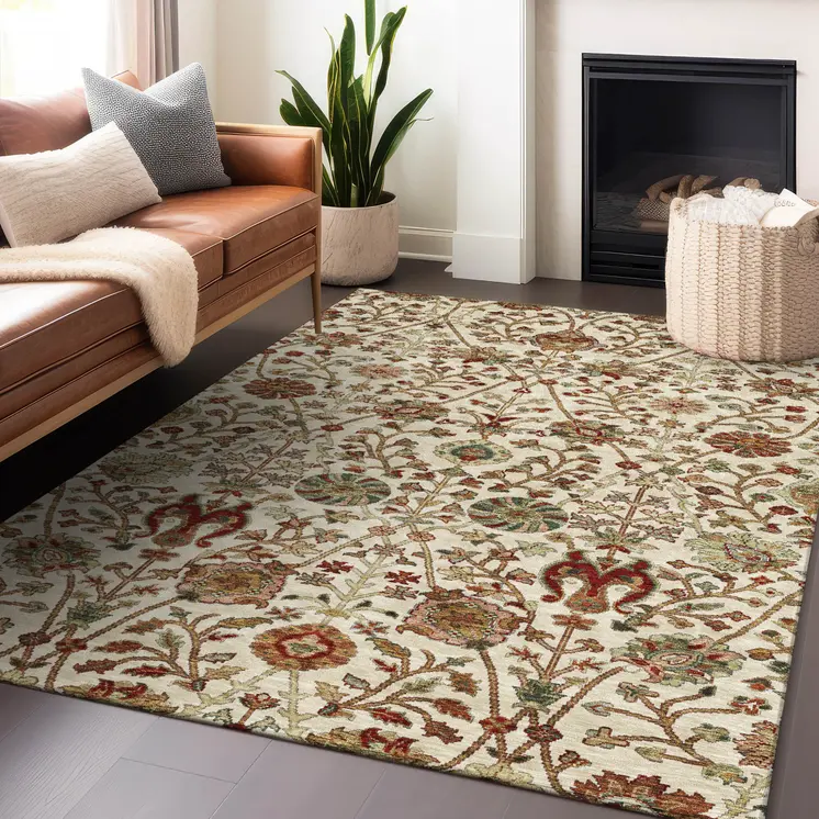 10' X 14' Ivory Brown And Red Floral Washable Indoor Outdoor Area Rug