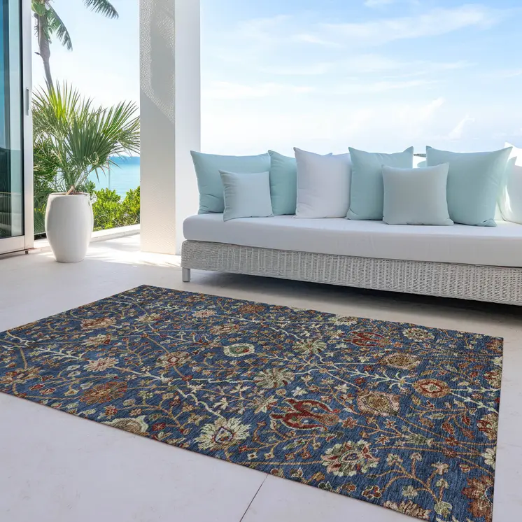 3' X 5' Navy Blue Brown And Red Floral Washable Indoor Outdoor Area Rug