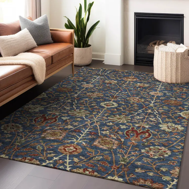 3' X 5' Navy Blue Brown And Red Floral Washable Indoor Outdoor Area Rug