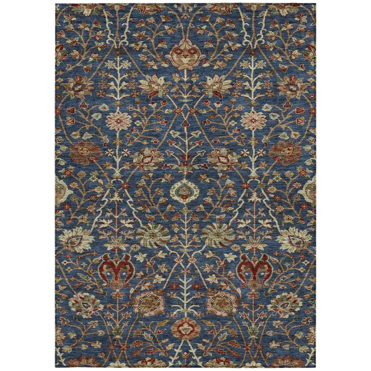 5' X 8' Navy Blue Brown And Red Floral Washable Indoor Outdoor Area Rug