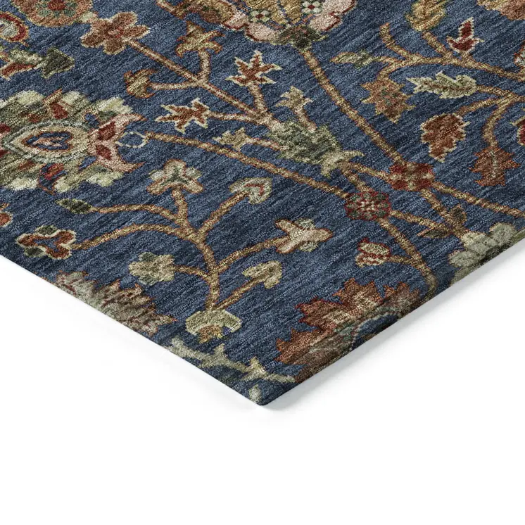 8' Navy Blue Brown And Red Round Floral Washable Indoor Outdoor Area Rug