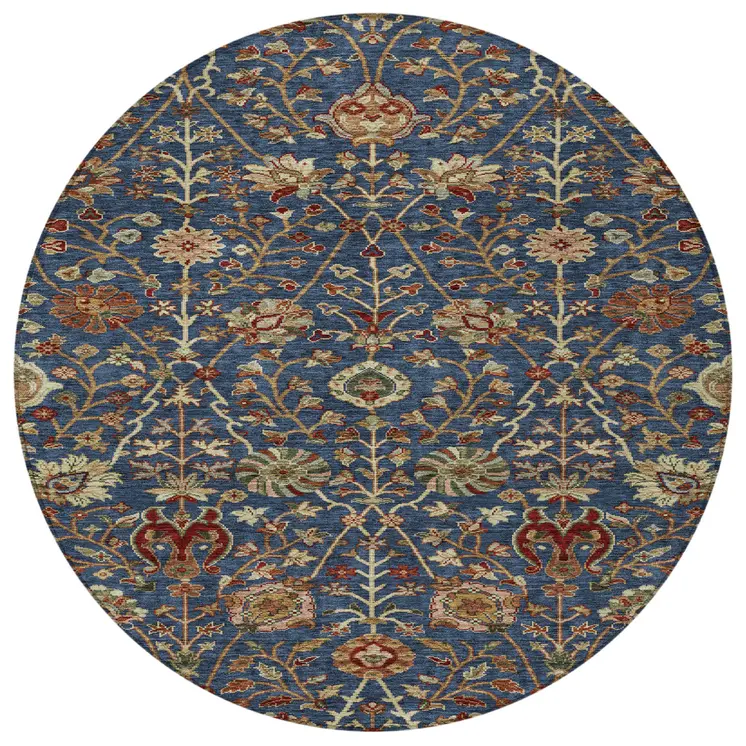 8' Navy Blue Brown And Red Round Floral Washable Indoor Outdoor Area Rug