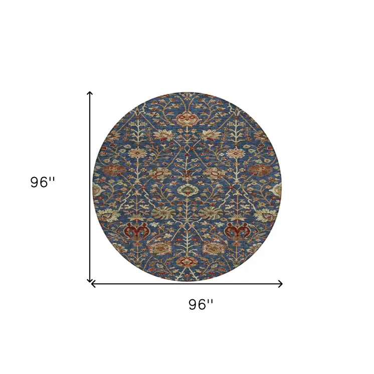 8' Navy Blue Brown And Red Round Floral Washable Indoor Outdoor Area Rug