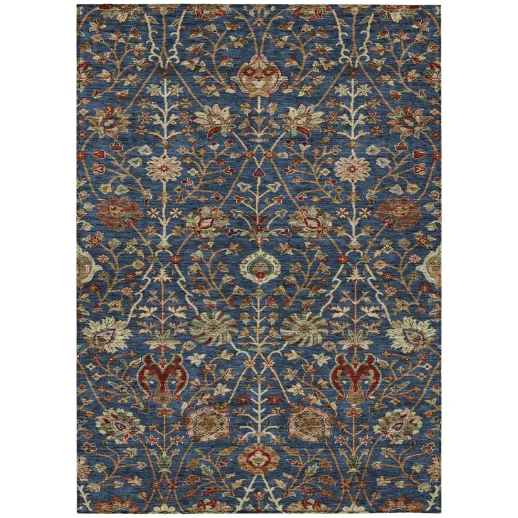 10' X 14' Navy Blue Brown And Red Floral Washable Indoor Outdoor Area Rug