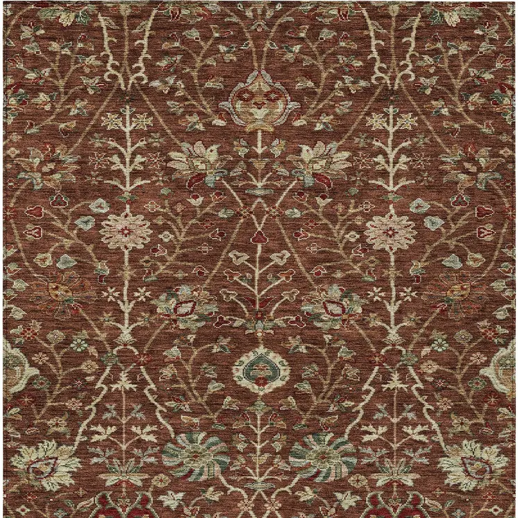 5' X 8' Brown Tan And Red Floral Washable Indoor Outdoor Area Rug
