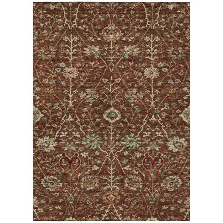 5' X 8' Brown Tan And Red Floral Washable Indoor Outdoor Area Rug