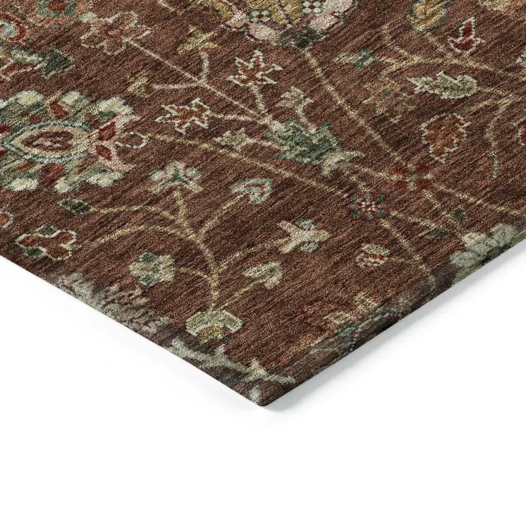 5' X 8' Brown Tan And Red Floral Washable Indoor Outdoor Area Rug