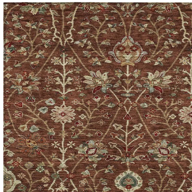 5' X 8' Brown Tan And Red Floral Washable Indoor Outdoor Area Rug