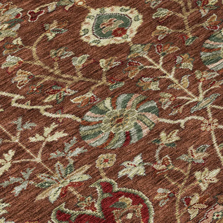 5' X 8' Brown Tan And Red Floral Washable Indoor Outdoor Area Rug