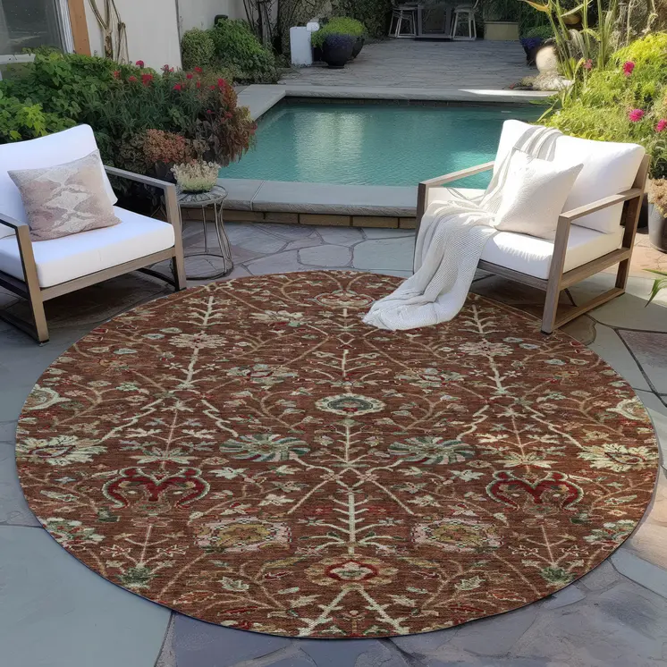 8' Brown Tan And Red Round Floral Washable Indoor Outdoor Area Rug