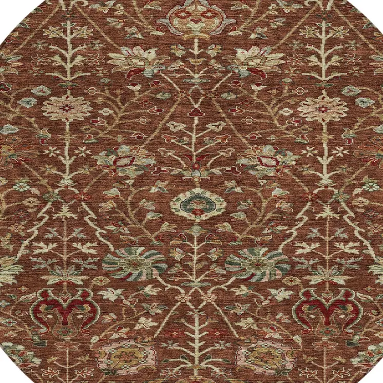 8' Brown Tan And Red Round Floral Washable Indoor Outdoor Area Rug