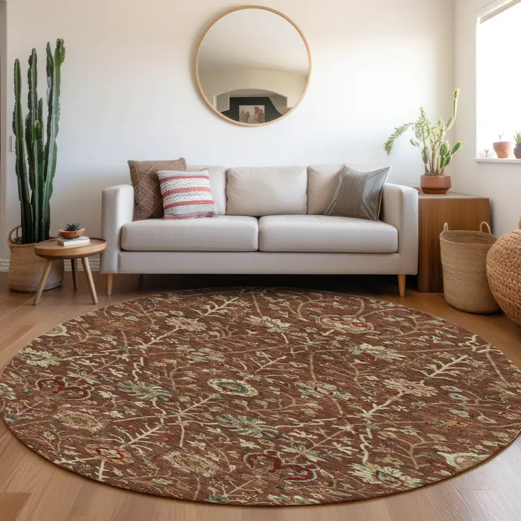 8' Brown Tan And Red Round Floral Washable Indoor Outdoor Area Rug