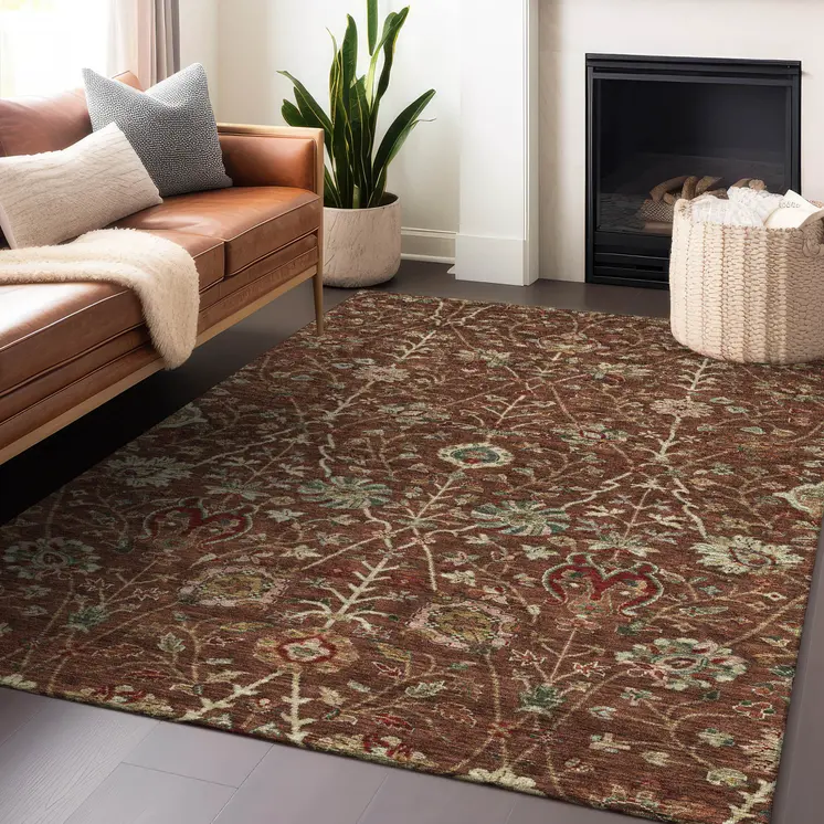 8' X 10' Brown Tan And Red Floral Washable Indoor Outdoor Area Rug