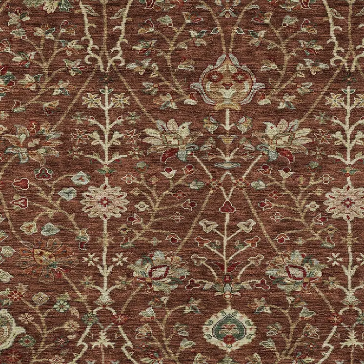 9' X 12' Brown Tan And Red Floral Washable Indoor Outdoor Area Rug