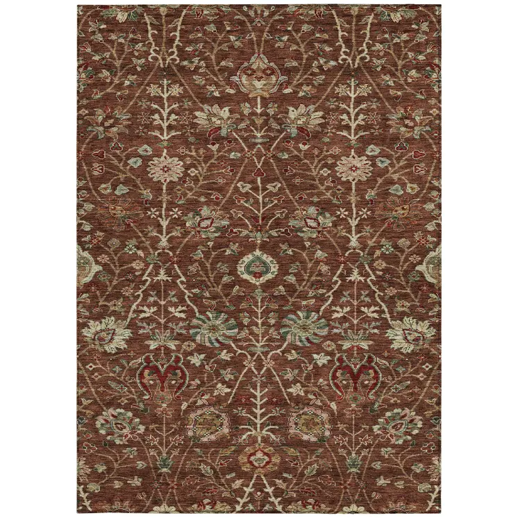10' X 14' Brown Tan And Red Floral Washable Indoor Outdoor Area Rug