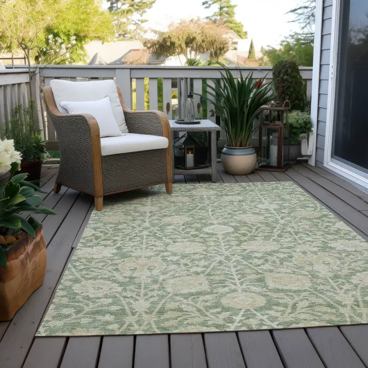 3' X 5' Artichoke Green And Beige Floral Washable Indoor Outdoor Area Rug