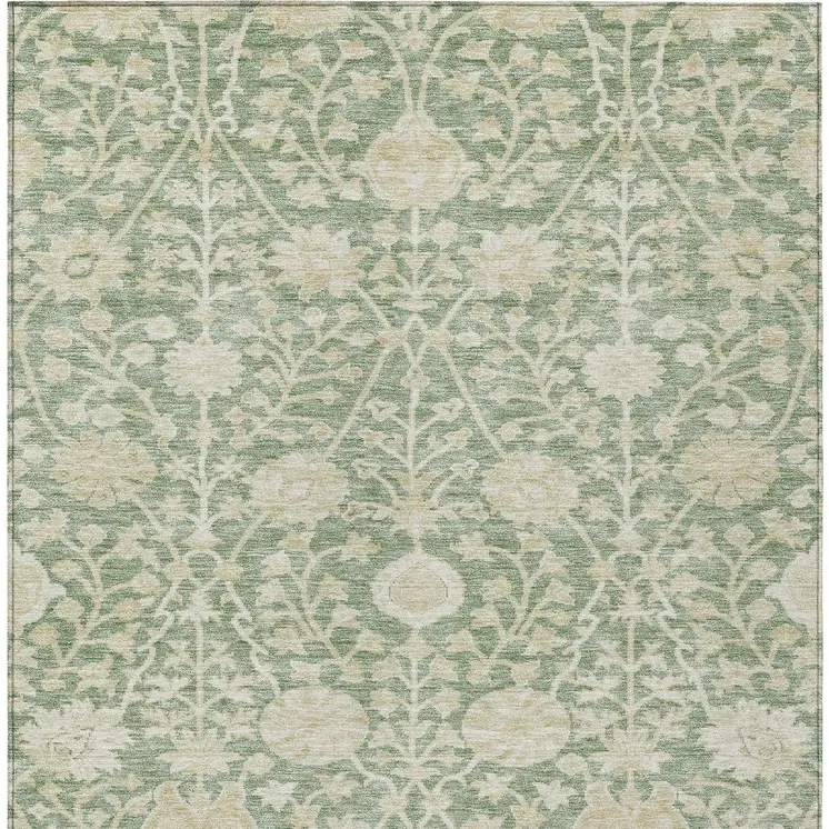 5' X 8' Artichoke Green And Beige Floral Washable Indoor Outdoor Area Rug