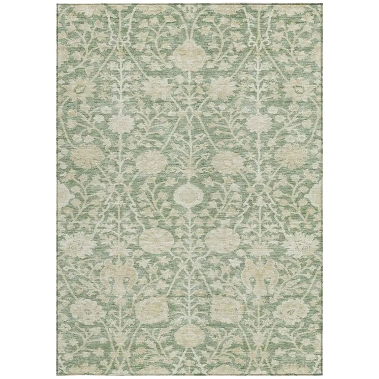8' X 10' Artichoke Green And Beige Floral Washable Indoor Outdoor Area Rug
