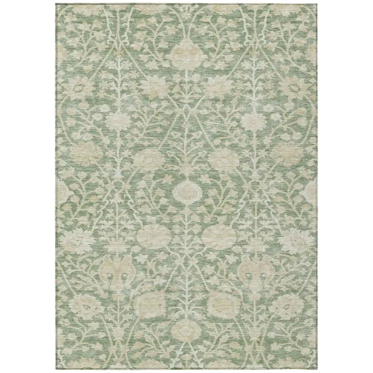 9' X 12' Artichoke Green And Beige Floral Washable Indoor Outdoor Area Rug