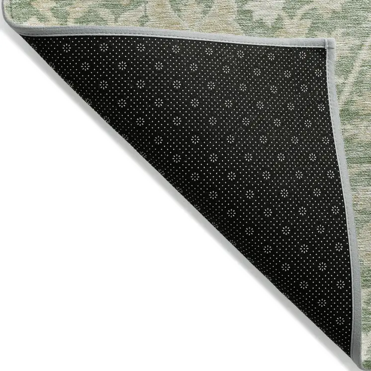 9' X 12' Artichoke Green And Beige Floral Washable Indoor Outdoor Area Rug