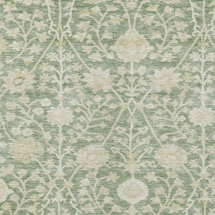 9' X 12' Artichoke Green And Beige Floral Washable Indoor Outdoor Area Rug