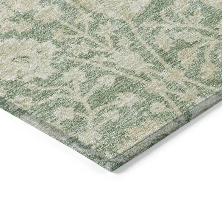 10' X 14' Artichoke Green And Beige Floral Washable Indoor Outdoor Area Rug