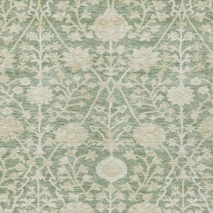 10' X 14' Artichoke Green And Beige Floral Washable Indoor Outdoor Area Rug