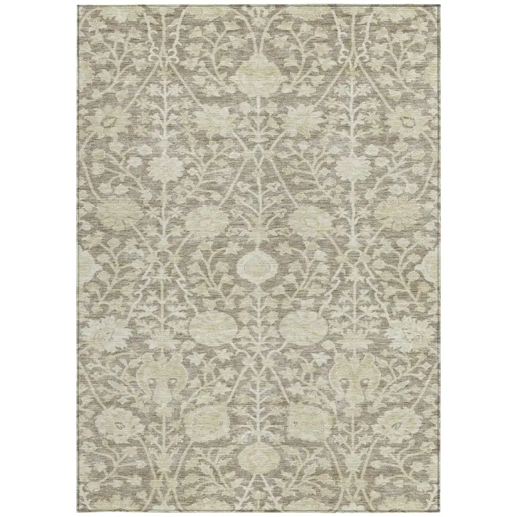5' X 8' Brown And Beige Floral Washable Indoor Outdoor Area Rug