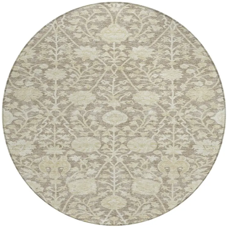 8' Brown And Beige Round Floral Washable Indoor Outdoor Area Rug