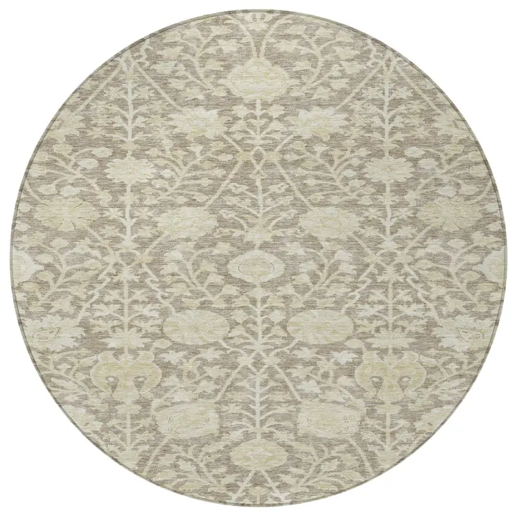 8' Brown And Beige Round Floral Washable Indoor Outdoor Area Rug