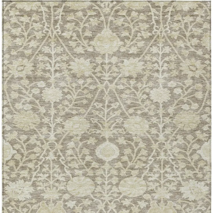 8' X 10' Brown And Beige Floral Washable Indoor Outdoor Area Rug