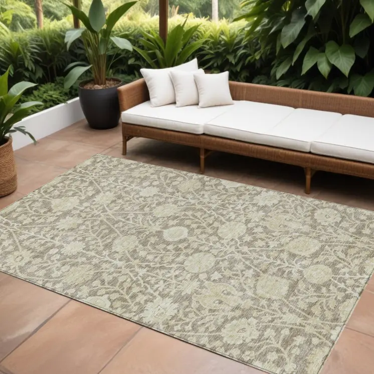 8' X 10' Brown And Beige Floral Washable Indoor Outdoor Area Rug