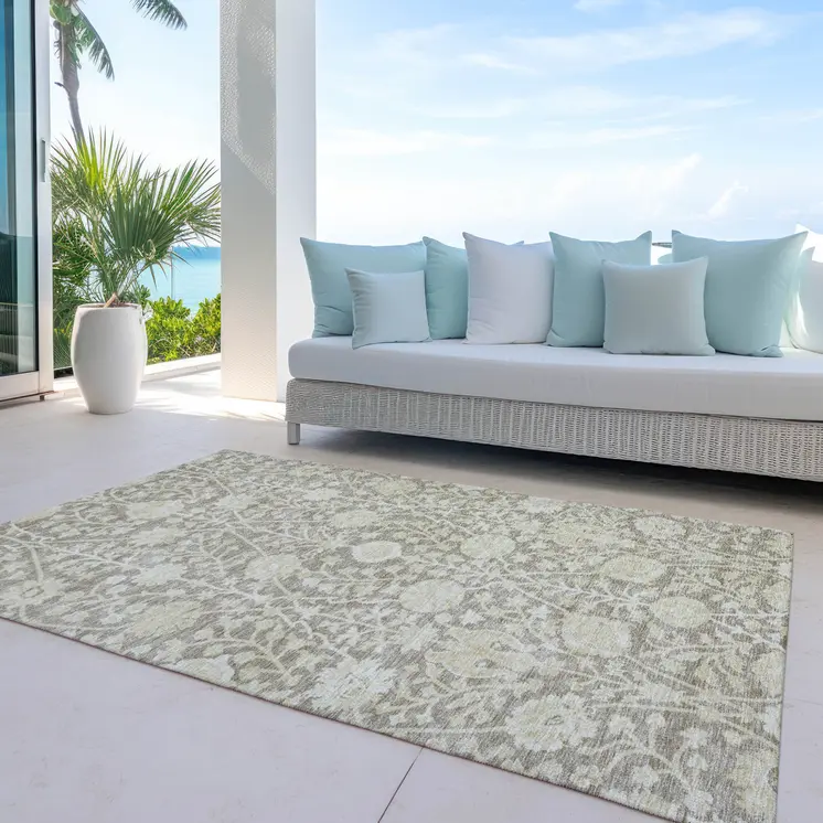 8' X 10' Brown And Beige Floral Washable Indoor Outdoor Area Rug