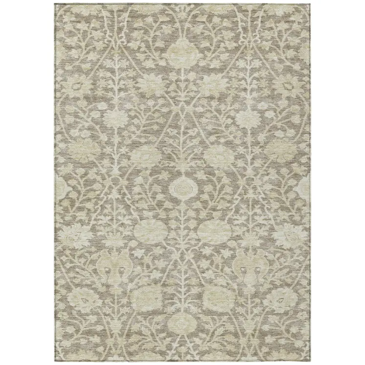 8' X 10' Brown And Beige Floral Washable Indoor Outdoor Area Rug