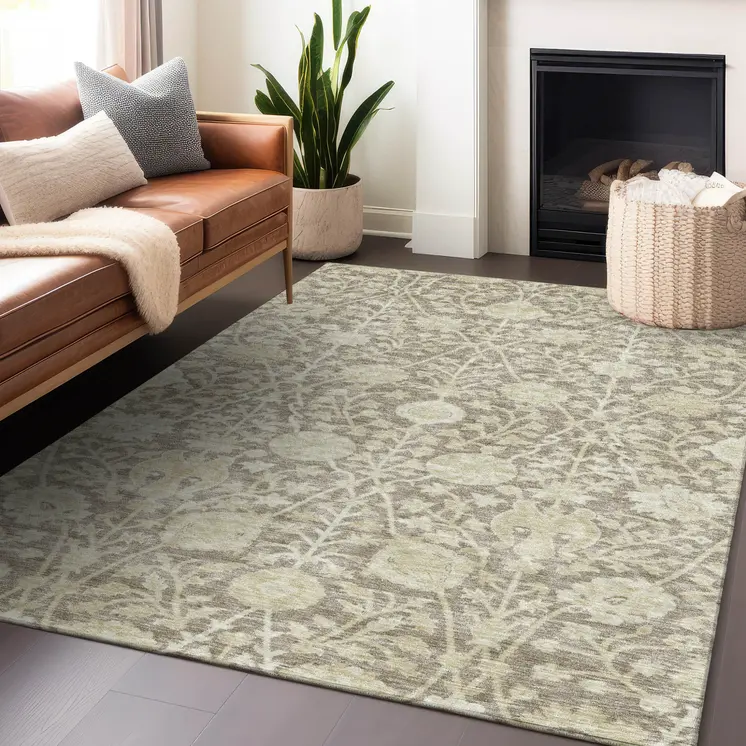 8' X 10' Brown And Beige Floral Washable Indoor Outdoor Area Rug