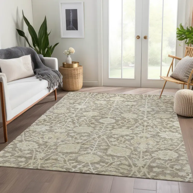 8' X 10' Brown And Beige Floral Washable Indoor Outdoor Area Rug