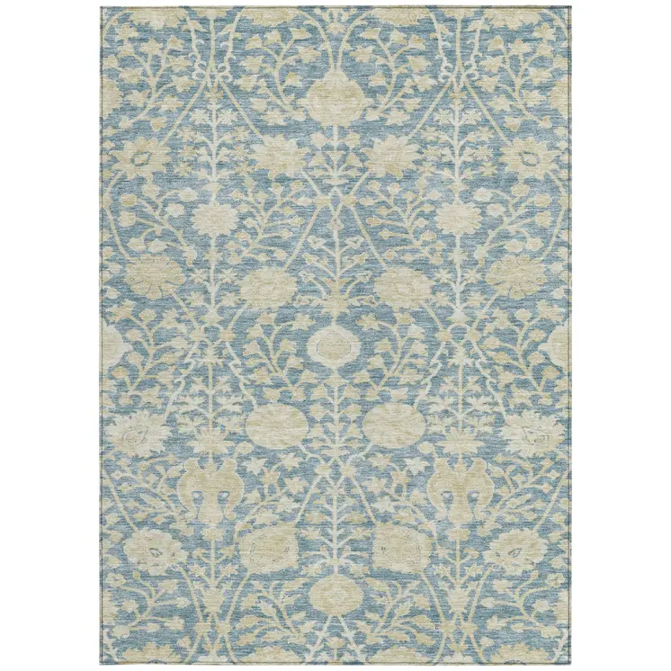 3' X 5' Sky Blue And Beige Floral Washable Indoor Outdoor Area Rug