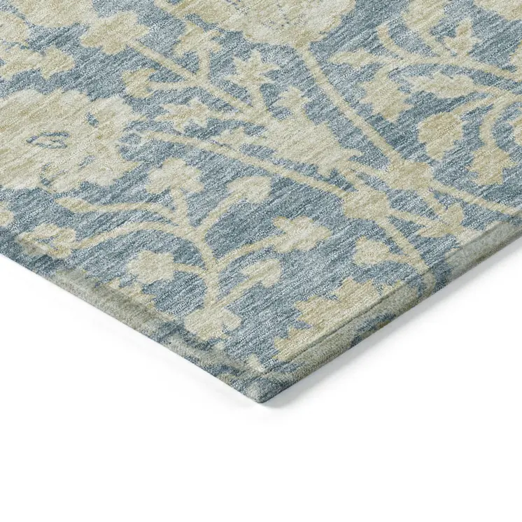 3' X 5' Sky Blue And Beige Floral Washable Indoor Outdoor Area Rug