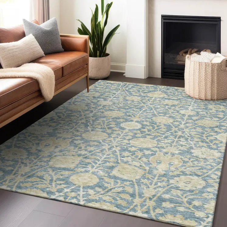 3' X 5' Sky Blue And Beige Floral Washable Indoor Outdoor Area Rug