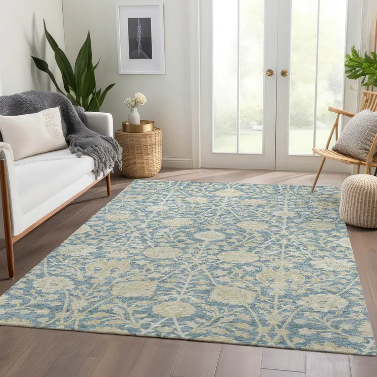 3' X 5' Sky Blue And Beige Floral Washable Indoor Outdoor Area Rug