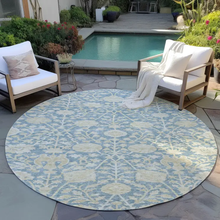 8' Sky Blue And Beige Round Floral Washable Indoor Outdoor Area Rug