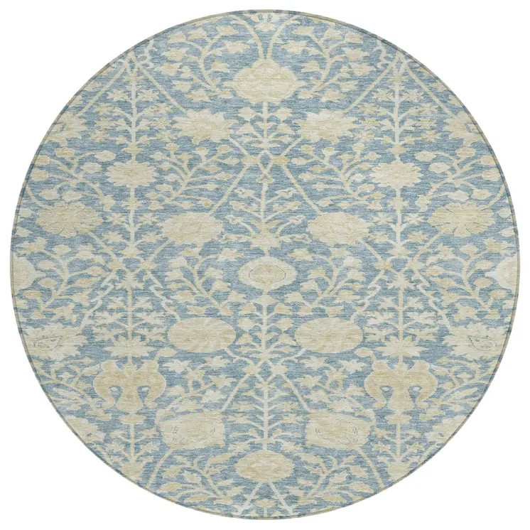 8' Sky Blue And Beige Round Floral Washable Indoor Outdoor Area Rug