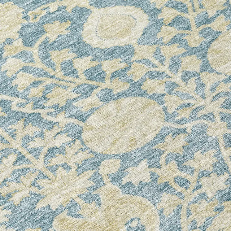 8' Sky Blue And Beige Round Floral Washable Indoor Outdoor Area Rug