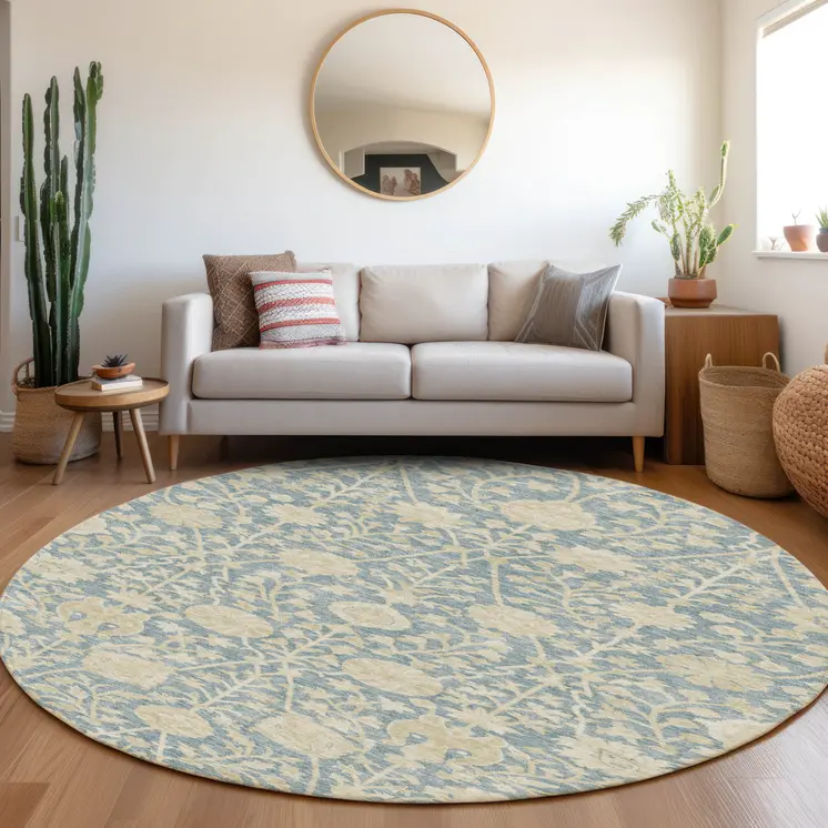 8' Sky Blue And Beige Round Floral Washable Indoor Outdoor Area Rug