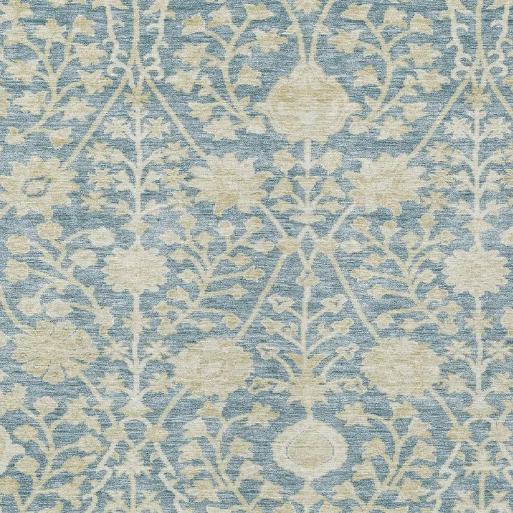 8' X 10' Sky Blue And Beige Floral Washable Indoor Outdoor Area Rug