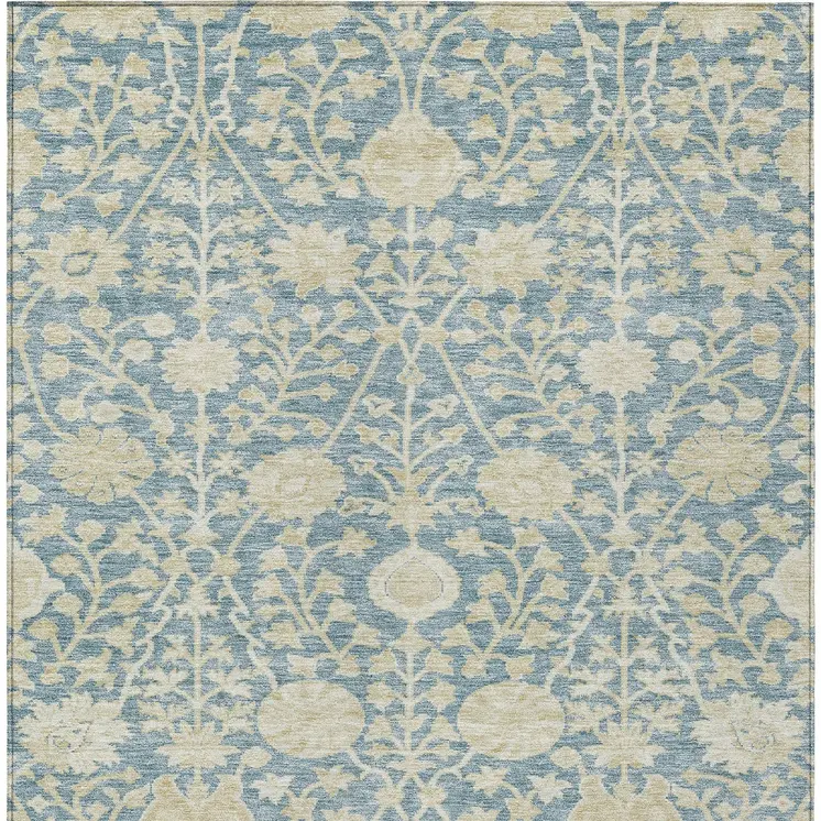 9' X 12' Sky Blue And Beige Floral Washable Indoor Outdoor Area Rug
