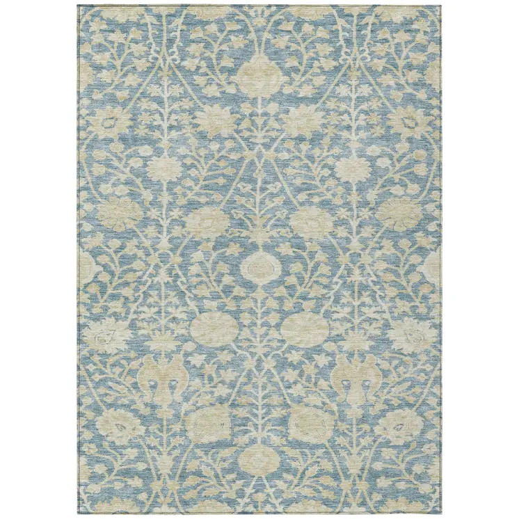 9' X 12' Sky Blue And Beige Floral Washable Indoor Outdoor Area Rug