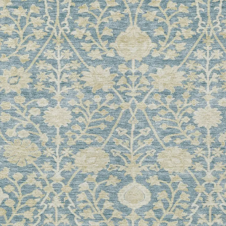 9' X 12' Sky Blue And Beige Floral Washable Indoor Outdoor Area Rug