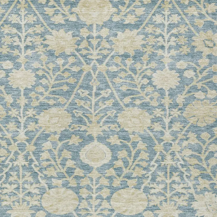 10' X 14' Sky Blue And Beige Floral Washable Indoor Outdoor Area Rug