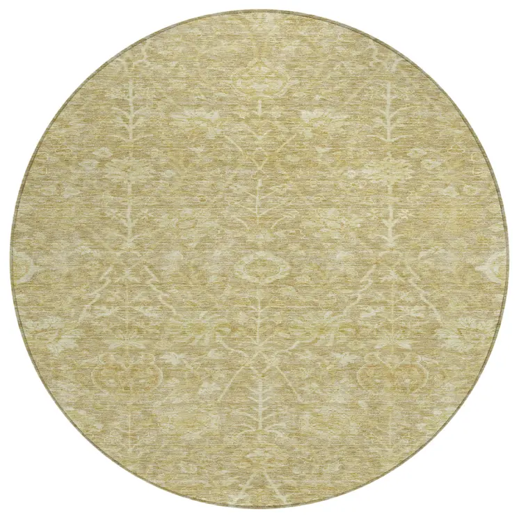 8' Tan And Beige Round Floral Washable Indoor Outdoor Area Rug